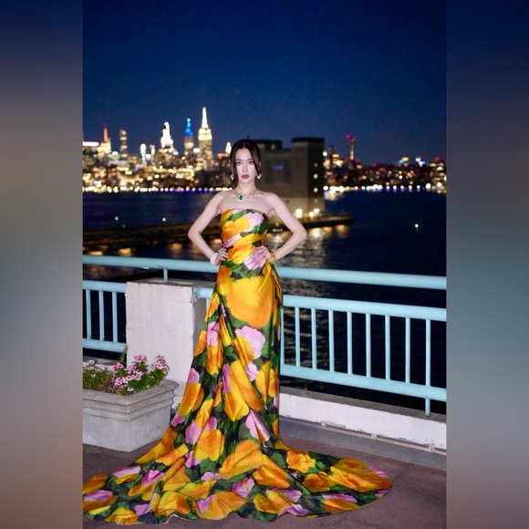 Rachel Gilbert Emmy Strapless Printed Bow Embellished Gown AU0/US2 NWOT